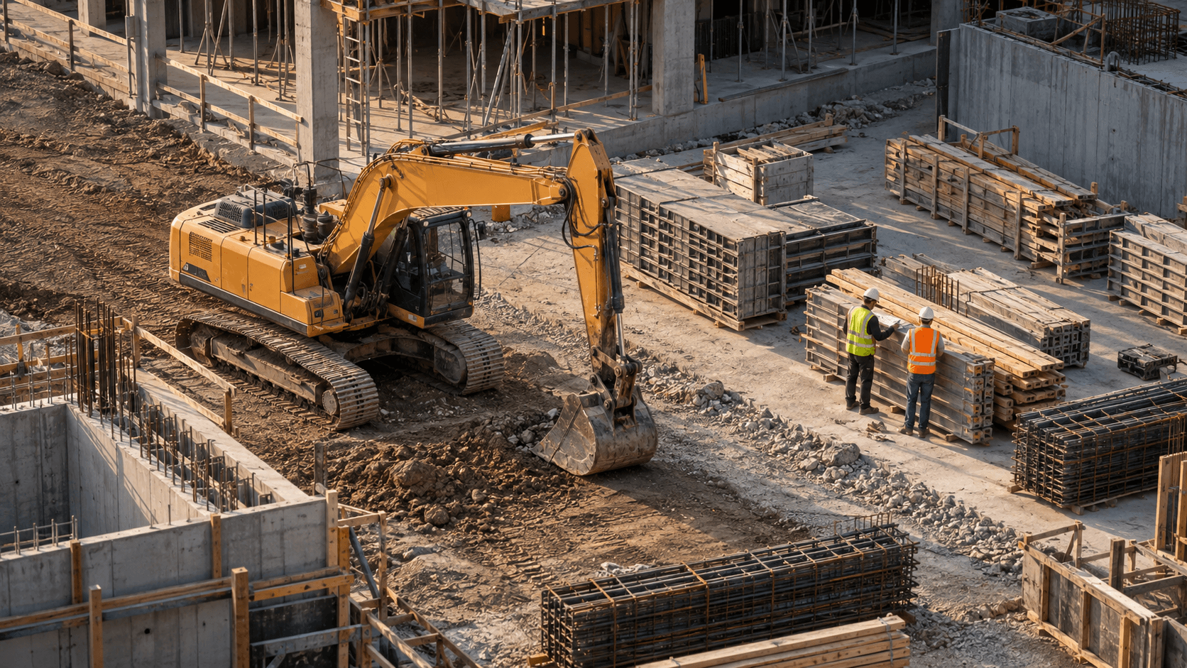 An excavator beside staged materials and two workers on a construction site