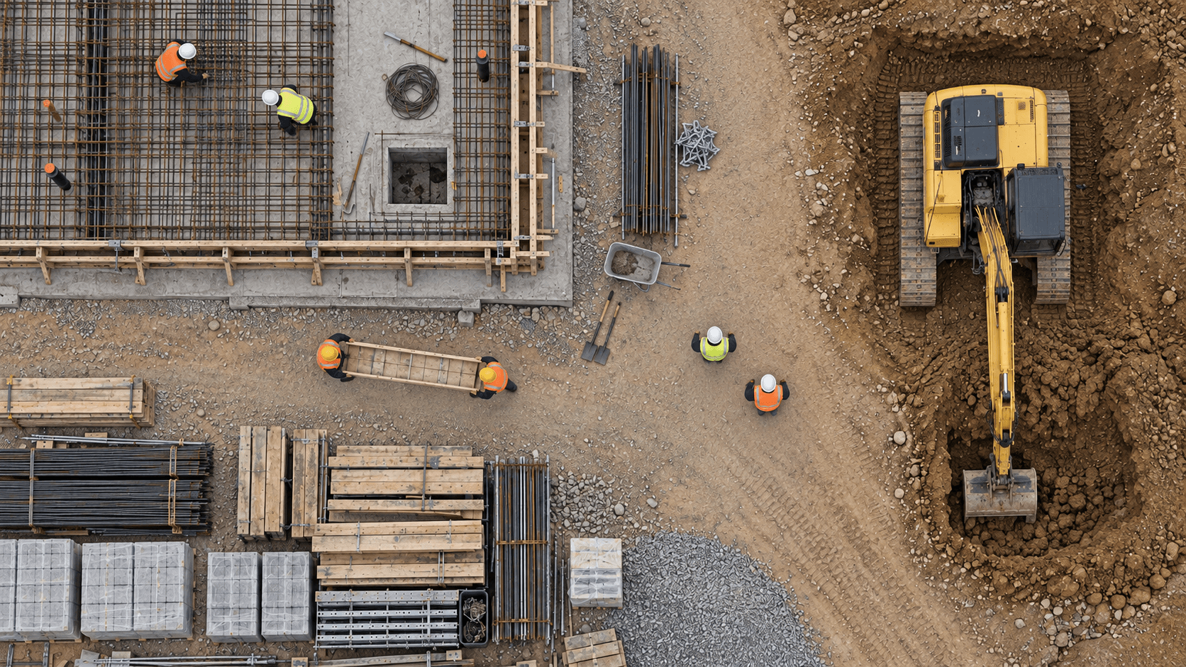 Overhead construction site with six workers, an excavator, and staged building materials