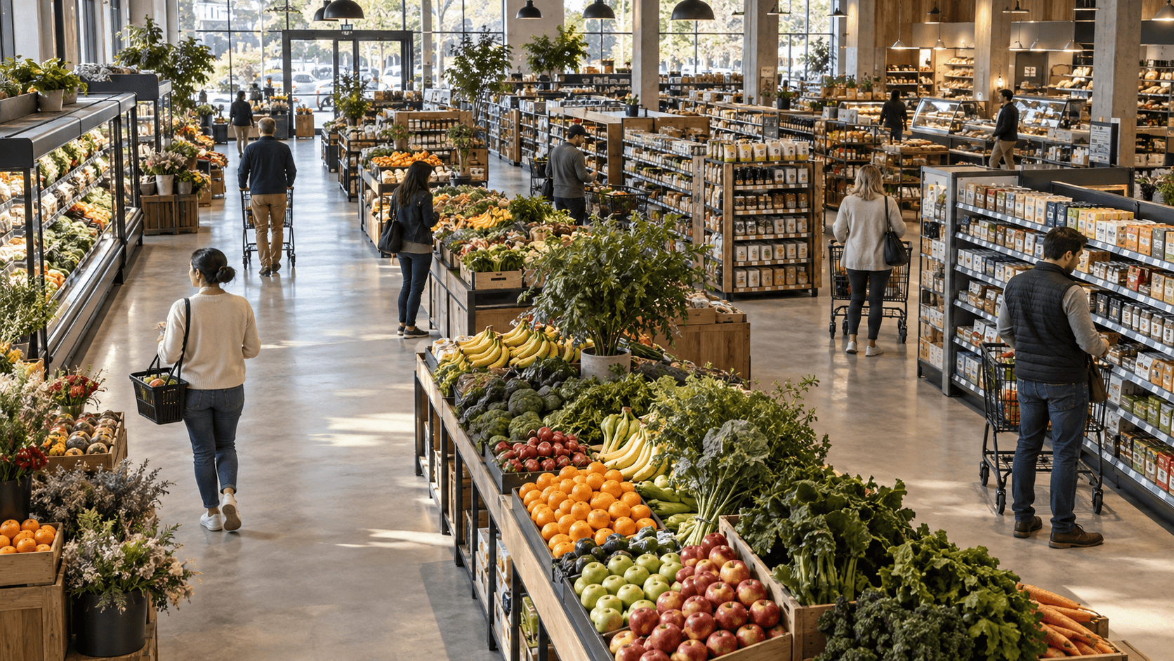 An elevated view of shoppers and fresh produce displays in a grocery store