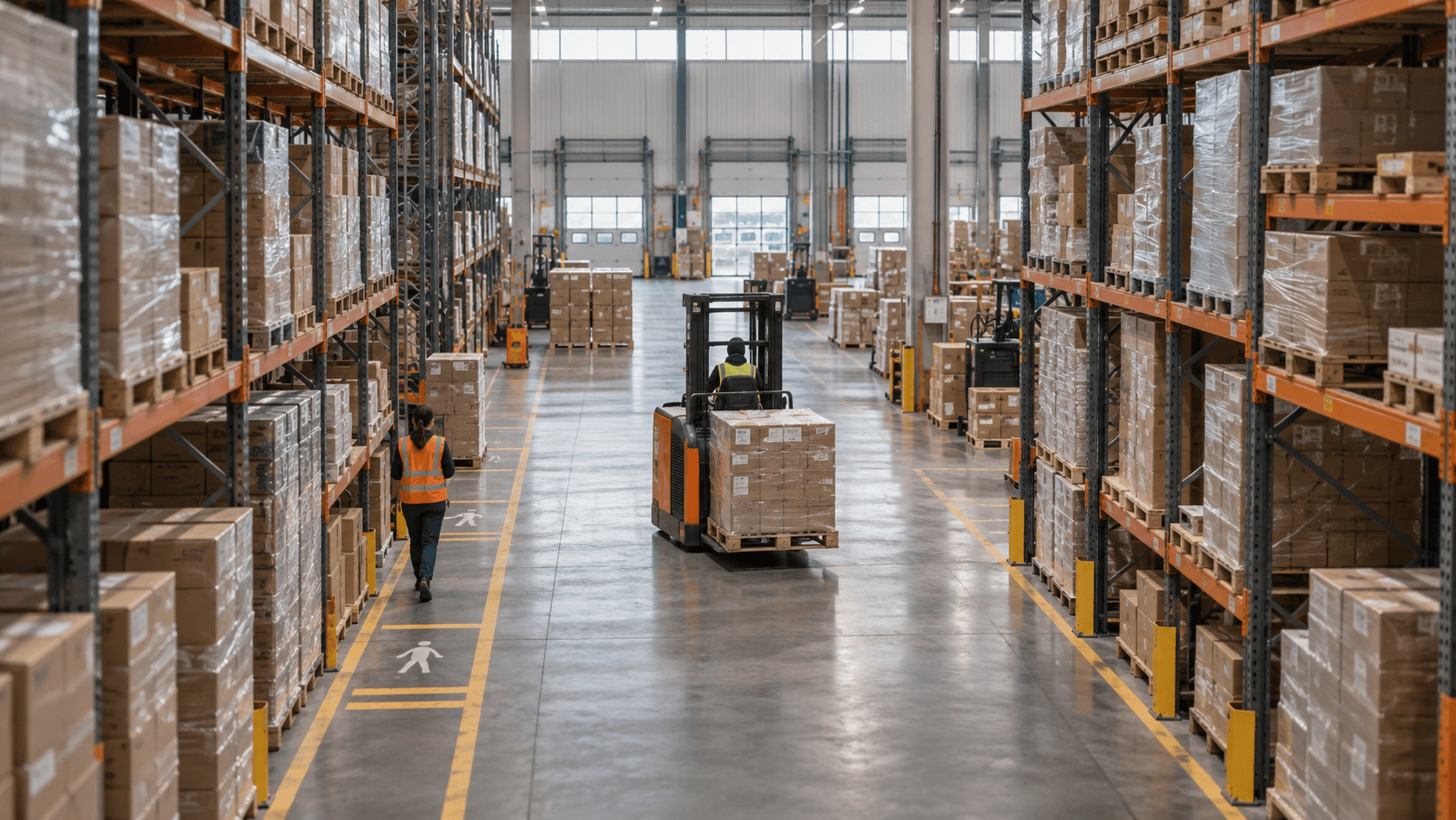An orange forklift carrying a wrapped pallet along a warehouse aisle